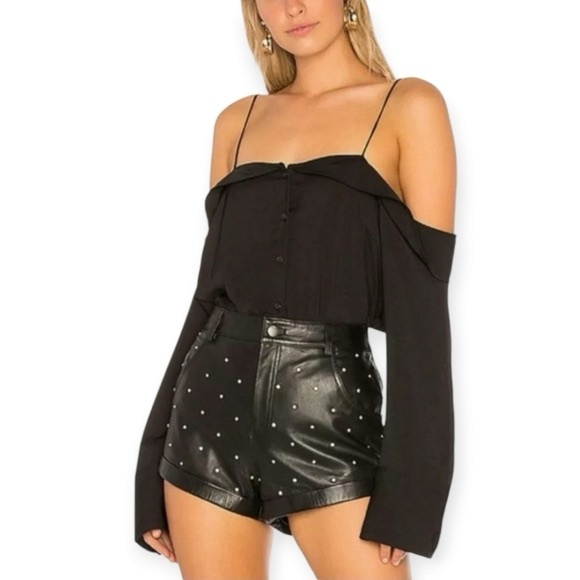 Free People Walk This Way Off the Shoulder Black Satin Button Blouse Small - Picture 1 of 14